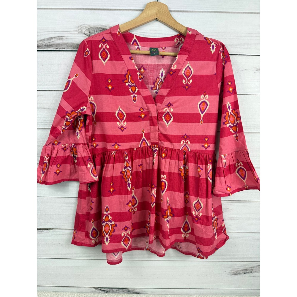 MYX Women's Pink Orange‎ Ikat Stripe Peasant Tunic Blouse Bell Sleeve Size L